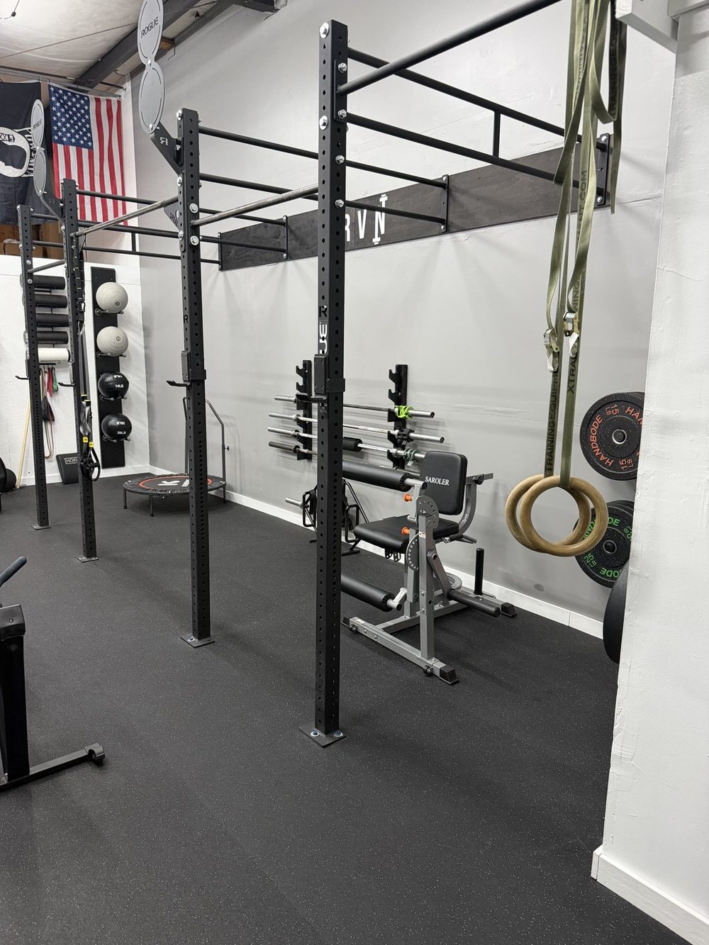 Pull-up rig with rings at the DRVN drop-in gym